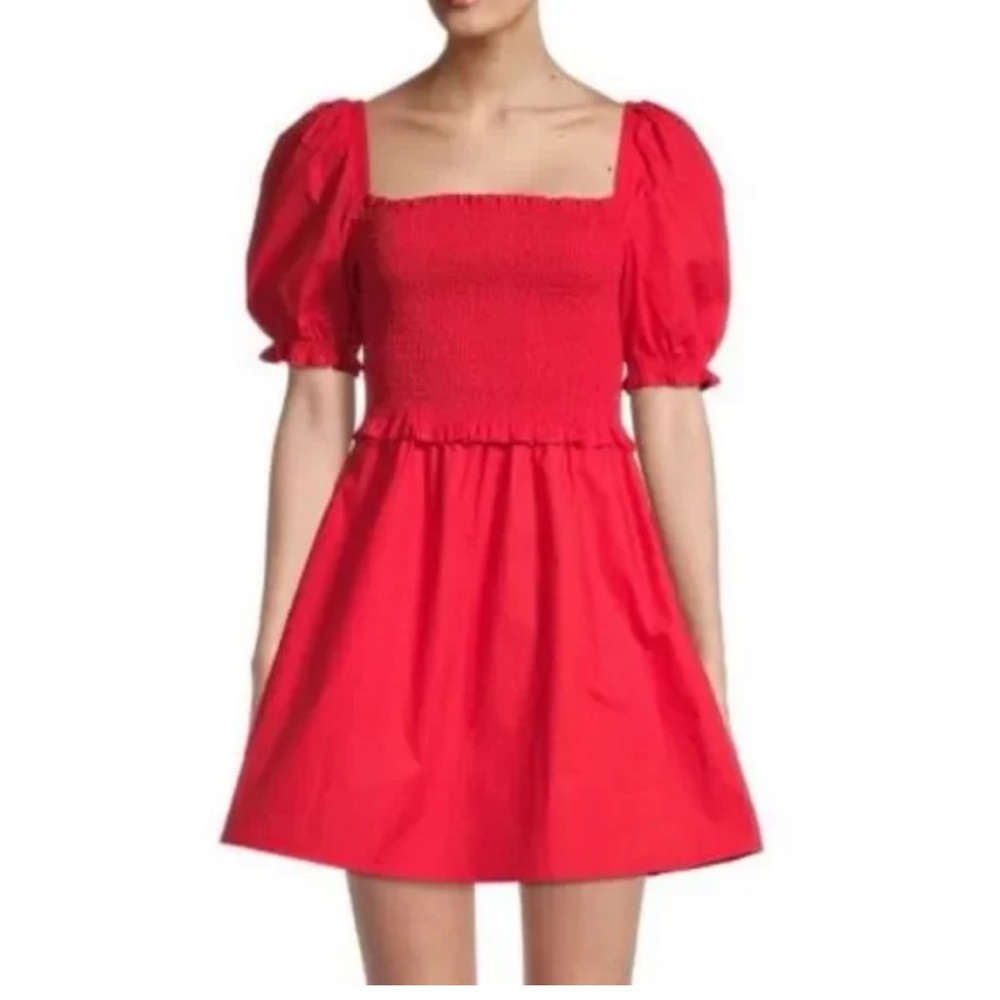 French connection red poplin smocked bust mini dress